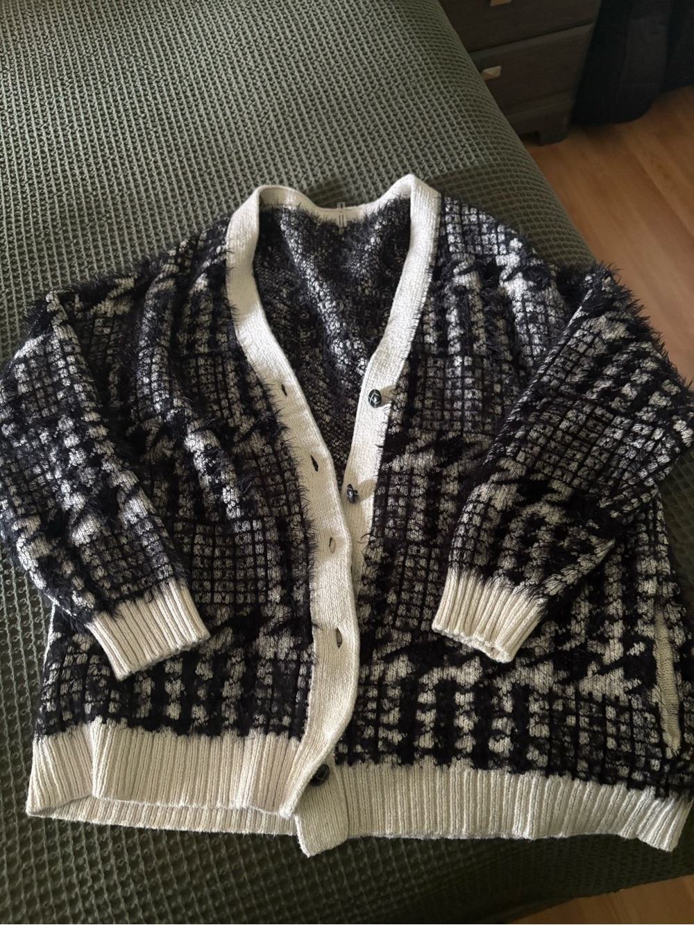 Joelle - Women's Black and Cream Patterned Button-Up Cardigan